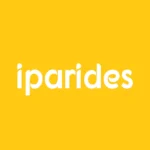 Iparides Logo, weißer Schriftzug auf gelben Grund