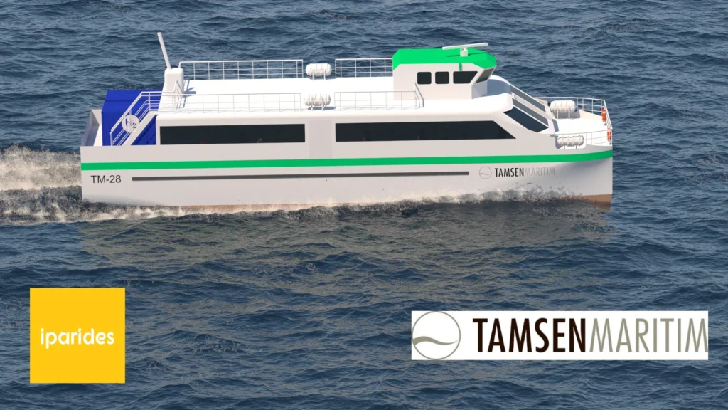 Projektbild eines Konzeptes einer Fähre auf dem Wasser. Am unteren Rand befinden sich die Logos von Iparides und TAMSEN MARITIM GmbH
