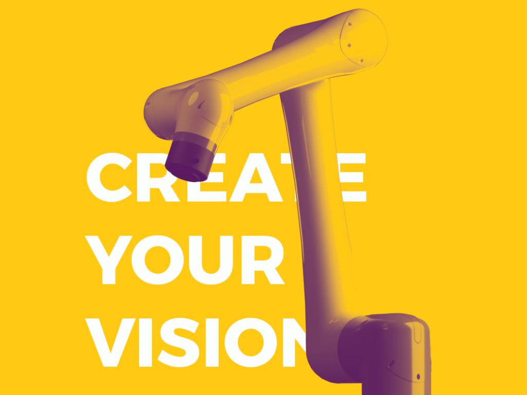 Das Bild zeigt einen 3D gerenderten Roboter mit dem Text "Create Your Vision". In der Nachbearbeitung wurde das Bild so bearbeitet, dass nur noch zwei Farbwerte zu sehen sind. Roboter in einem Lilaton und Gelb als Hauptfarbe.