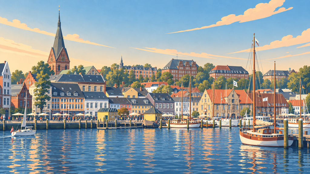 Illustration des Hafens von Flensburg mit Segelschiffen und Kirchturm