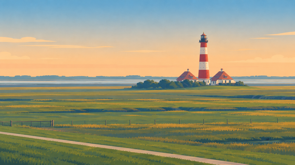 Illustration der Westküste: Leuchtturm in einer Marschlandschaft