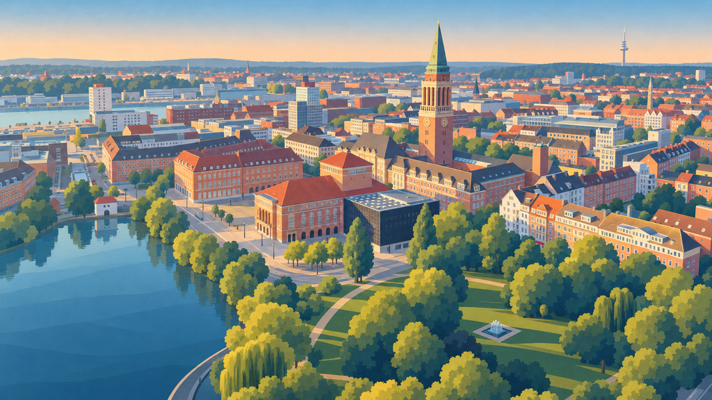 Illustration von Kiel: Stadtansicht mit Rathausturm und Förde